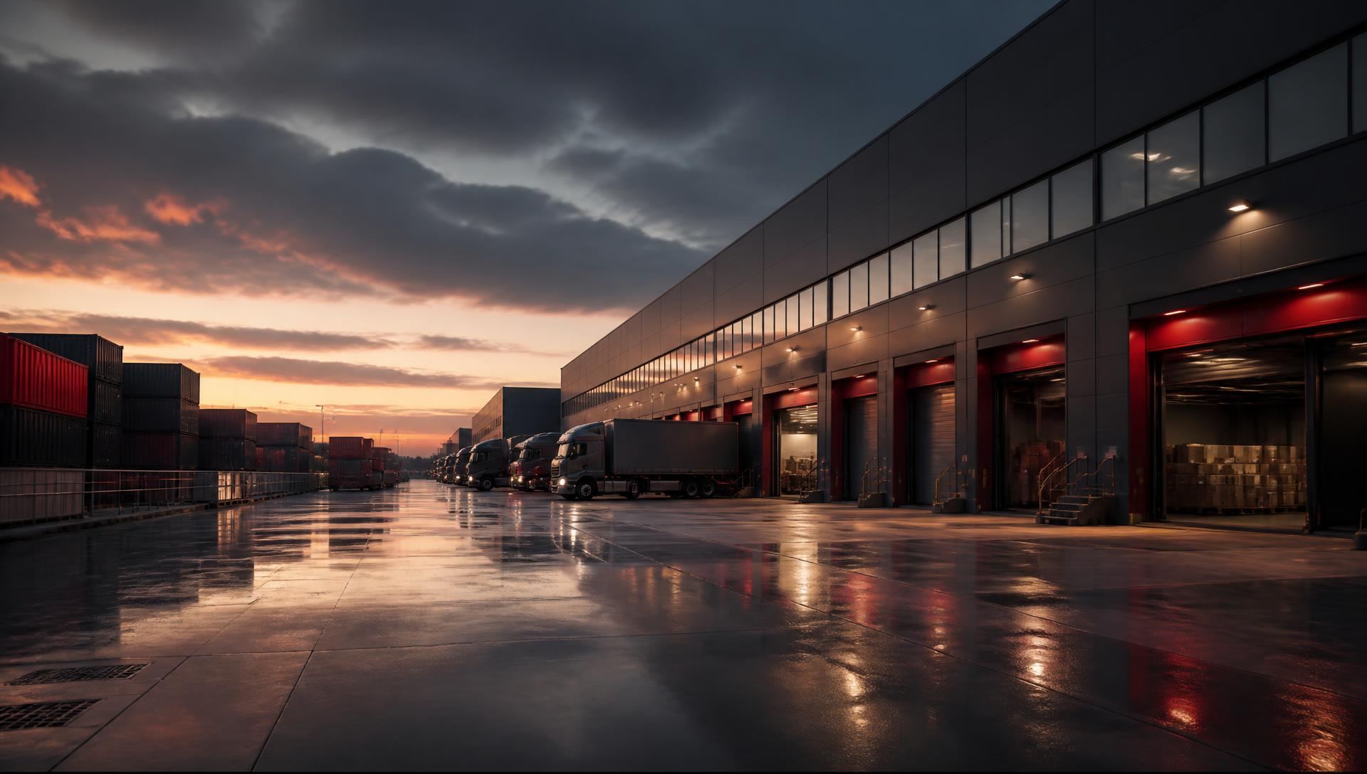 Modern logistics distribution hub with loading bays and shipping containers at dusk