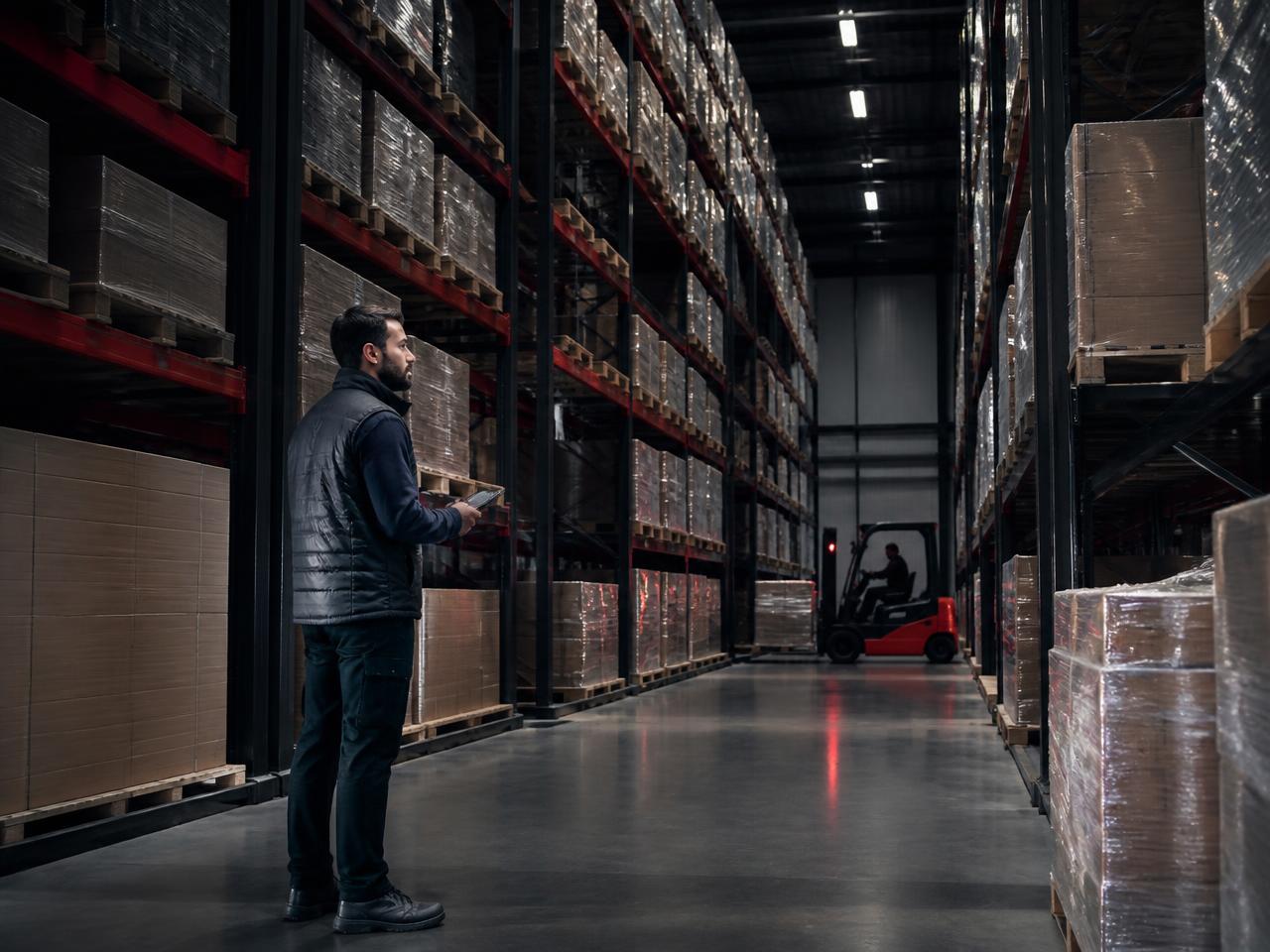 Logistics coordinator reviewing palletized inventory inside a distribution warehouse